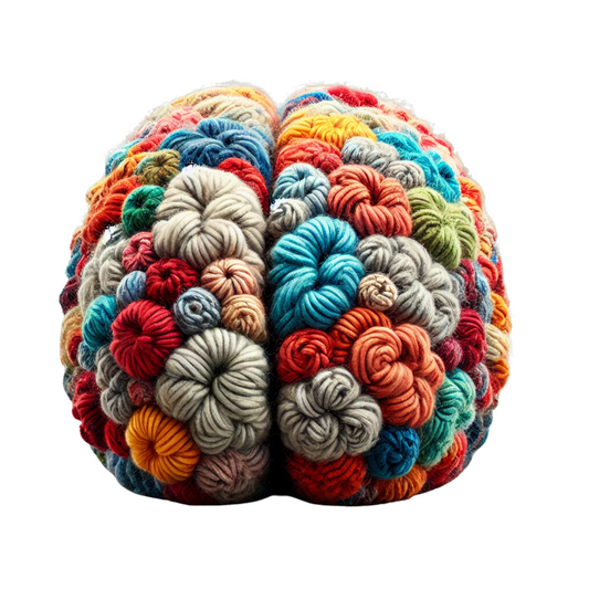 A three-dimensional brain made entirely of multicolored yarn, featuring crochet patterns that mimic the different brain regions. The creativity used in the yarn design shapes a realistic representation of the human brain.