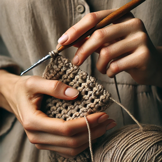 Close-up of two hands crocheting with a metal hook and soft beige yarn. The hands are positioned to clearly show the stitching technique.