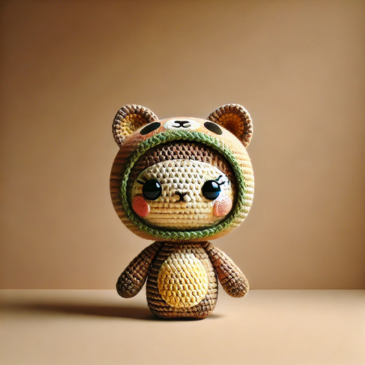 Testo alternativo migliorato: "Amigurumi fatto all'uncinetto raffigurante un simpatico gattino che indossa un costume da orsetto, con occhi grandi e dolci, e guance rosa. Il design è morbido e tenero, mentre lo sfondo neutro e caldo. 