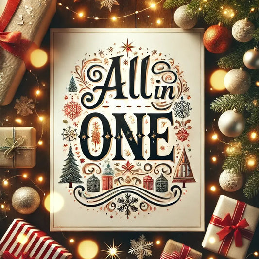 Christmas-themed image with the text 'All in One' at the center, decorated with lights, gifts, and festive ornaments.