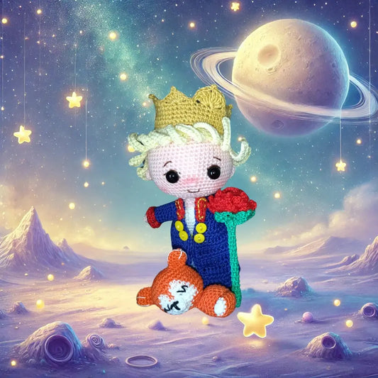 Amigurumi of the Little Prince with a golden crown, blue jacket with red and yellow details, holding a red rose, with a sleeping fox beside him. Fantastical space background.